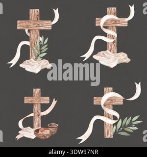 Nahtloses Muster Holzkreuzband, Olivenzweige und Leinentuch, Brot und Wein handgemalte christliche Illustration auf Grau Stockfoto