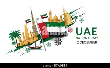Vektor zum Nationalfeiertag der VAE mit Flagge und Wahrzeichen, Burj Khalifa, Burj Al Arab, Moschee und traditionellem Boot zum 2. Dezember Stock Vektor