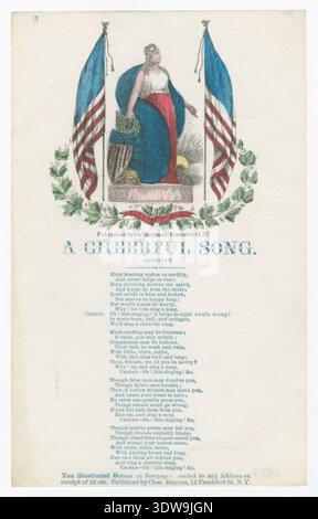 Musiknoten mit dem Titel „A Cheerful Song“, herausgegeben von Charles Magnus, 12 Frankfort Street, New York. Zeigt eine handkolorierte Illustration einer klassischen allegorischen weiblichen Figur, die zwischen zwei amerikanischen Flaggen steht, mit patriotischer Kranzdekoration über gedruckten Liedtexten und Refrain. Wahrscheinlich Mitte des 19. Jahrhunderts amerikanischer Druck. Stockfoto