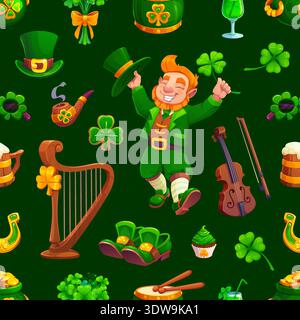 St. Patrick-Tag-Muster. Nahtlose Vektor-Fliesen-Tapete mit Zeichentrick-Kobold-Charakter, Schamrock, Bier und Geigen auf festlichem grünem Hintergrund, der irische Traditionen und Feierlichkeiten widerspiegelt Stock Vektor