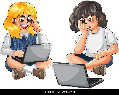 Vektorillustration von zwei Schülern, die Laptops verwenden, während sie im Kreuz auf weißem Hintergrund sitzen Stock Vektor