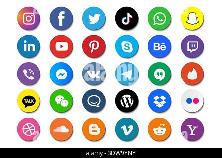 Große Auswahl an beliebten Social Media- und Website-Icons-Sammlungen, die für Business-Designs, Präsentationsdesigns oder andere geeignete Designs verwendet werden können. Stock Vektor