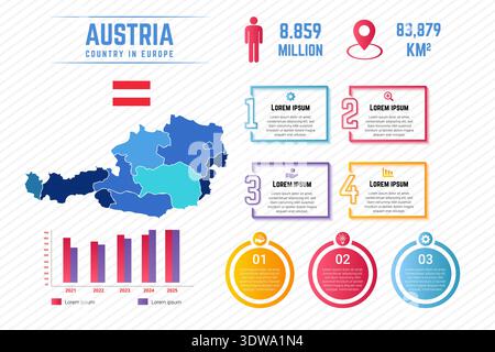 Bunte Infografik-Vorlage für Österreich-Karten, kann für Business-Designs, Präsentationsdesigns oder andere geeignete Designs verwendet werden. Stock Vektor