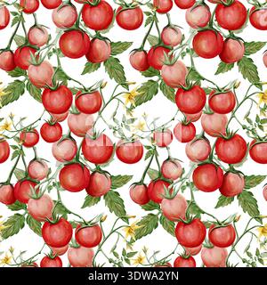 Nahtloses Aquarellmuster mit kleinen Reifen Kirschtomaten auf Weinreben, grünen Blättern und gelben Blüten. Handgemalte botanische Illustration von Fresh Stockfoto