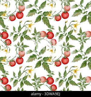 Nahtloses Aquarellmuster mit Kirschtomaten, grünen Blättern und gelben Blüten. Handgemalte botanische Illustration von frischem Gartengemüse Stockfoto