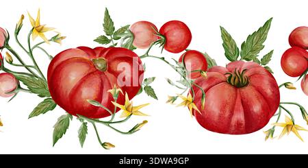 Nahtloser horizontaler Rand mit handbemalten Tomaten und Blüten. Aquarellrot reife Erbstücke mit grünen Blättern bilden sich dekorativ wiederholende, rote Tomaten Stockfoto