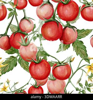 Nahtloses Aquarellmuster mit kleinen Reifen Kirschtomaten auf Weinreben, grünen Blättern und gelben Blüten. Handgemalte botanische Illustration von Fresh Stockfoto