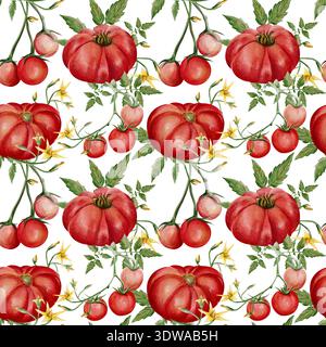 Nahtloses Aquarellmuster mit Reifen roten Tomaten, grünen Blättern und gelben Blüten. Handgemalte botanische Illustration mit Gartengemüse Stockfoto