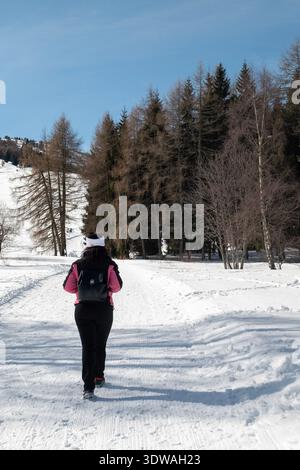 Eine Frau, von hinten fotografiert, wandert auf einem schneebedeckten Berg. Die Frau hat lange schwarze Haare und trägt eine schwarz-rosa Skijacke Stockfoto