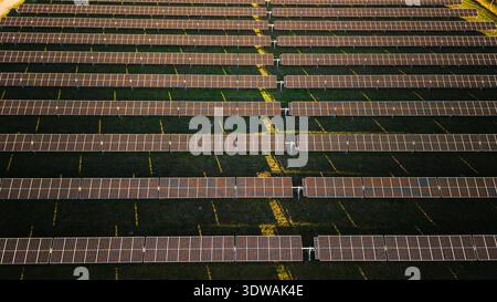 Luftaufnahme eines großen Solarkraftwerks mit symmetrischen Reihen von Photovoltaik-Panels, die Sonnenlicht in erneuerbare Energie umwandeln. Stockfoto