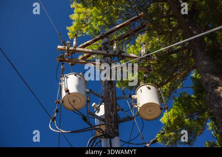 Versorgungsmast aus Holz mit Leistungstransformatoren und elektrischen Kabeln vor blauem Himmel in den USA Stockfoto