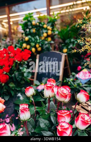 Blumen in einem Geschäft mit einem Schild, auf dem Sie während der Tageszeit darauf hingewiesen werden, dass Sie nichts berühren dürfen Stockfoto