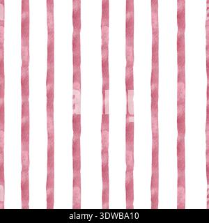 Staubiges rosafarbenes, abgestreiftes Aquarellmuster isoliert. Vertikale Pinsellinien auf wiederholter Textur in zartem Rosa. Streifen, Linien blassrote Hand Stockfoto
