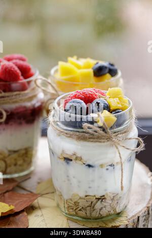 Joghurtpudding mit сhia Samen, Hafer, Himbeeren, Mangoblättern, Heidelbeeren und Marmelade in Glasgläsern auf einem Holztablett. Gesunde Ernährung, Ernährung. Nahaufnahme, mit Stockfoto