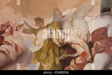 FLORENZ, ITALIEN - 17. MÄRZ 2025: Das Fresko des barocken Engels (Detail der Himmelfahrt) der Kirche Badia Fiorentina von Gian Domenico Ferretti (1734) Stockfoto