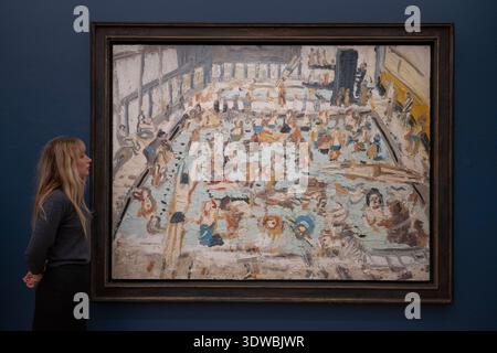 Sotheby's, London, Großbritannien. Februar 2026. Kunstwerke im Wert von 110 Mio. £ kommen für die Londoner Verkaufsversteigerung bei Sotheby's in London zusammen. Zu den Höhepunkten gehören: Leon Kossoff (1926-2019), Kinderschwimmbad, 11 Uhr Samstagmorgen, August 1969, geschätzte 600.000-800.000. Moderne Und Moderne Abendauktion. Quelle: Malcolm Park/Alamy Live News Stockfoto