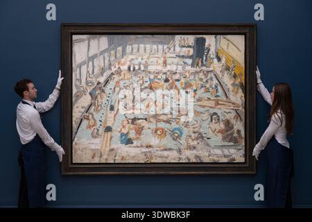 Sotheby's, London, Großbritannien. Februar 2026. Kunstwerke im Wert von 110 Mio. £ kommen für die Londoner Verkaufsversteigerung bei Sotheby's in London zusammen. Zu den Höhepunkten gehören: Leon Kossoff (1926-2019), Kinderschwimmbad, 11 Uhr Samstagmorgen, August 1969, geschätzte 600.000-800.000. Moderne Und Moderne Abendauktion. Quelle: Malcolm Park/Alamy Live News Stockfoto