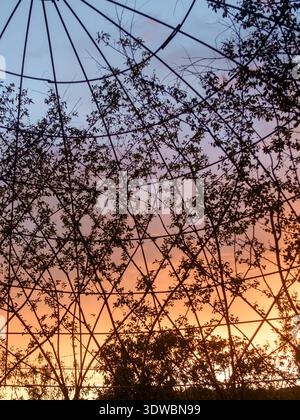 Vertikale Aufnahme mit Blick auf die Silhouette eines Riesenradrahmens und Baumzweige vor einem dramatischen orange-violetten Sonnenuntergangshimmel. Stockfoto