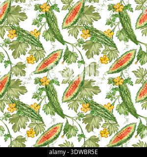 Ein nahtloses Aquarellmuster mit Bittermelone und Gurke. Handgezeichnete Momordica charantia mit Blättern, Früchten und Blüten für Detox und Stockfoto