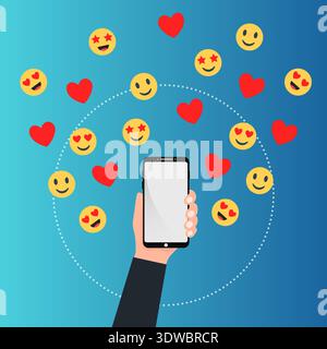 Smartphone mit Hand und Emojis, kann für Business-Designs, Präsentationsdesigns oder andere geeignete Designs verwendet werden. Stock Vektor