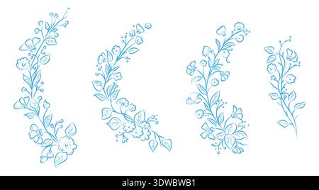 Blumenränder mit Blumen, Zweigen und Blättern. Vektorabbildung. Handgezeichnete botanische Rundkränze mit Ästen und Knospen in Linienkunst, isoliert o Stock Vektor