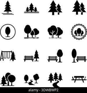 Saubere und moderne Schwarzweiß-Vektorsymbole, die Bäume, Camping, Wandern und Outdoor-Aktivitäten für Designprojekte und kommerzielle Nutzung darstellen. Stock Vektor