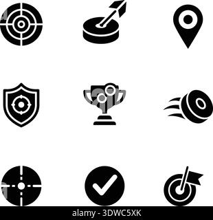 Minimalistische Vektorsammlung von neun monochromen Symbolen, die Sport-, Navigations-, Sicherheits-, Leistungs- und Musikthemen auf einem klaren weißen Hintergrund darstellen Stock Vektor