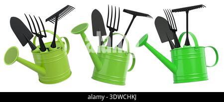 Gartenwerkzeuge wie Schaufel, Gabel und Rechen in Gießkannen, isoliert auf weißem Gartenkonzept. Stockfoto