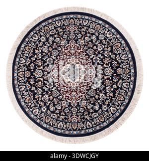 Detaillierte Hochwinkelansicht eines feinen, runden persischen Nain-Teppichs mit marineblauem Hintergrund, elfenbeinfarbenem Mittelmedaillon und komplizierten Blumenmustern Stockfoto