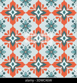Ein lebendiges, nahtloses Muster mit geometrischen Blumenmotiven und volkstümlichen Ornamenten in einem sich wiederholenden Layout Stock Vektor