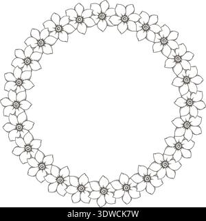 Kreiskranz mit weißer Blume und Kopierraum im Vintage-Stil. Handgezeichneter Vektor-Umriss dekoratives festliches Design. Grafische Zeichnung, ideal für Osterkartenschablone. Perfekt für die Frühlingsferien. Stock Vektor