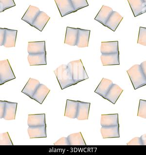 Nahtloses Muster mit offenen Büchern in verschiedenen Positionen, handgezeichnet in einem einfachen Aquarellstil. Stockfoto