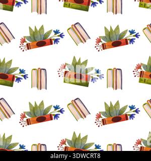 Nahtloses Muster mit Büchern, die mit Blumen dekoriert sind, handgezeichnet in einem einfachen Aquarellstil. Stockfoto