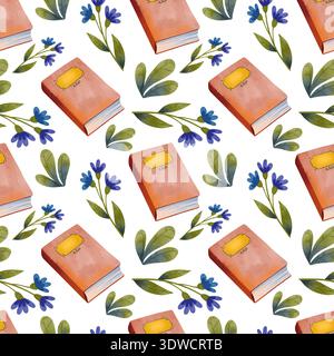 Nahtloses Muster mit Hardcover-Büchern mit blauen Blumen, handgezeichnet im einfachen Aquarellstil Stockfoto