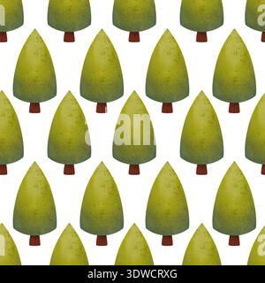 Nahtloses Muster mit handgezeichneten grünen Bäumen. Kinder Aquarell Wald Illustration für Ihr Design, Druck, Stoff Stockfoto