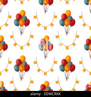 Nahtloses festliches Muster mit hellen Ballons und handgezeichneter Girlande im Aquarellstil Stockfoto