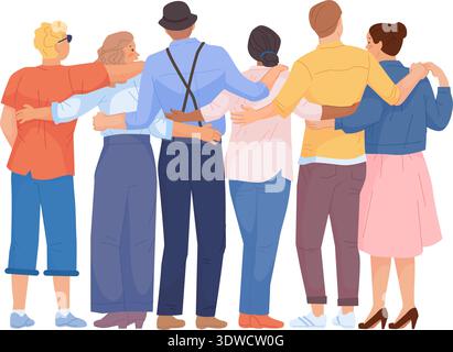 Junge Menschen zusammen, Rückansicht. Freunde umarmen, isoliert auf weißem Hintergrund Stock Vektor