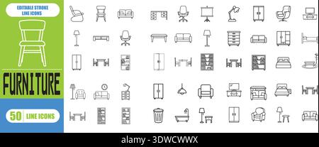 Symbole Der Möbellinie. Bearbeitbare Kontur. Pixel Perfekt. Für Mobilgeräte und Web. Enthält Symbole wie Lampe, Sessel, TV-Bank, Schreibtisch, Sofa, Couch, Tür, Be Stock Vektor