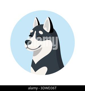 Alaskan Malamute Hund Avatar Cartoon Illustration. Happy Husky Hundekopf im runden Rahmen. Vektorsymbol, flache Ausführung Stock Vektor