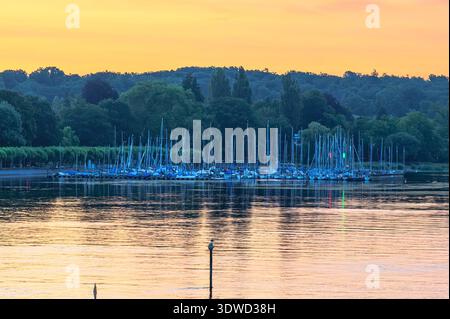 Ein ruhiger Sonnenaufgang über einem Yachthafen voller Segelboote. Das ruhige Wasser reflektiert die warmen Farben des Himmels und schafft eine friedliche und malerische Szene. Stockfoto