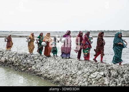 Satkhira, Bangladesch - 25. April 2025: Blick auf Frauen, die auf einem schmalen Kamm mit Wasserbehältern laufen, deren lebhafte Saris im Kontrast zum m stehen Stockfoto