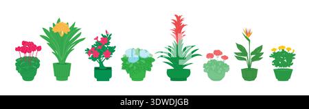 Topfpflanze mit Blumen, Satz von Vektorsymbolen Stock Vektor