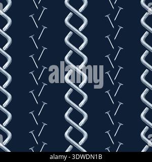 Vertikales nahtloses Muster mit Möbelschlüsseln und Nägeln auf dunklem Hintergrund. Aquarelldarstellung von Metallbauwerkzeugen. Nahtlos geometrisch Stockfoto