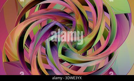 Ein dynamisches, farbenfrohes abstraktes Bild mit wirbelnden Mustern und leuchtenden Rosa-, Grün- und Violetttönen, die einen faszinierenden visuellen Effekt erzeugen. Stockfoto