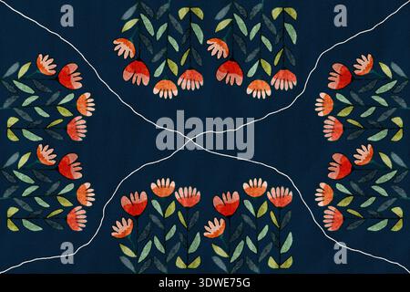 Eine lebendige botanische Illustration zeigt ein nahtloses Muster von Frühlingsblumen. Das Arrangement enthält stilisierte Blätter und Blütenblätter in Fresh, harmon Stockfoto