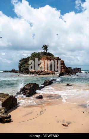 Der Parrot Rock am Mirissa Beach bietet einen atemberaubenden Blick auf die Küste, während die Wellen sanft gegen die Küste krachen. Der Felsvorsprung ist von klarem bl umgeben Stockfoto