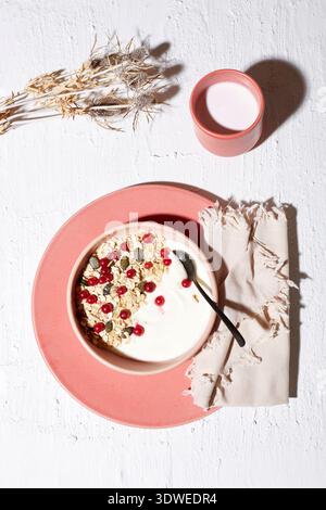 Eine gesunde natürliche Joghurtschale, garniert mit Haferflocken, Kürbiskernen und leuchtenden roten Beeren. Das perfekte Frühstück mit Müsli, Stockfoto