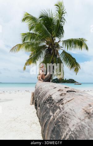 Eine Frau sitzt auf einer lehnenden Palme am unberührten weißen Sand von Anse Volbert, Praslin, Seychellen. Das türkisfarbene Meer und die ruhige landschaftliche Schönheit s Stockfoto
