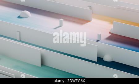 Ein lebendiger 3D-Hintergrund mit glatten Verläufen und geometrischen Formen in Blau, Orange und weiß für einen beeindruckenden visuellen Effekt. Stockfoto