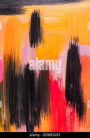 Lebendige abstrakte Acrylmalerei mit dynamischen Pinselstrichen in feurigem Orange, tiefem Schwarz und kräftigem Rosa. Das Kunstwerk zeigt ein ausdrucksstarkes A Stockfoto